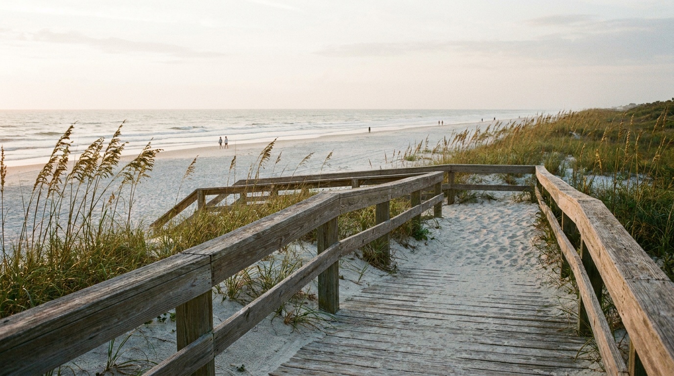 A wooden dune crossover boardwalk leading through sea oats toward the wide white beach at Anastasia State Park, morning light, few people