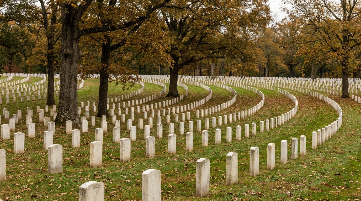 Long rows of white marble headstones in Andersonville National Cemetery stretching across green lawn under tall shade trees
