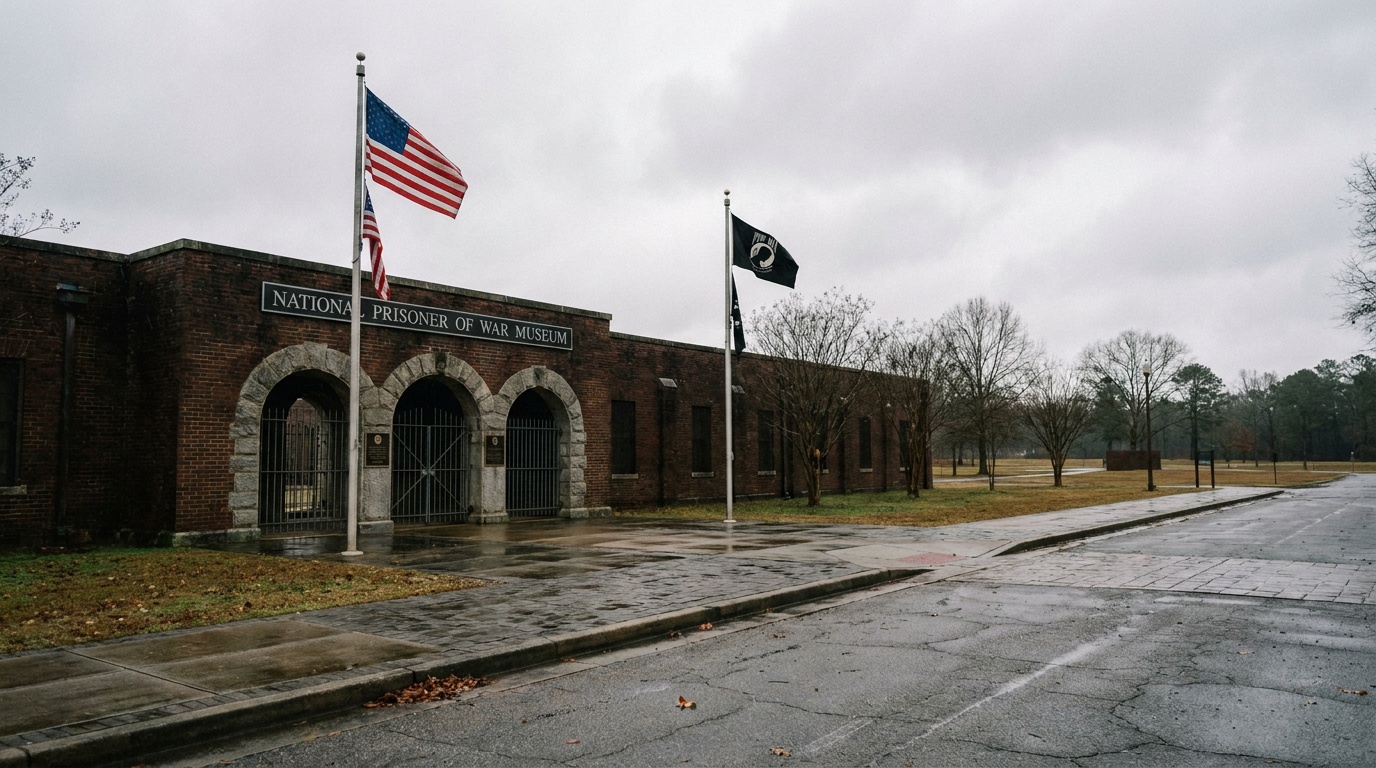 The brick National Prisoner of War Museum building at Andersonville with its memorial entrance, flags, and walkway, overcast solemn light