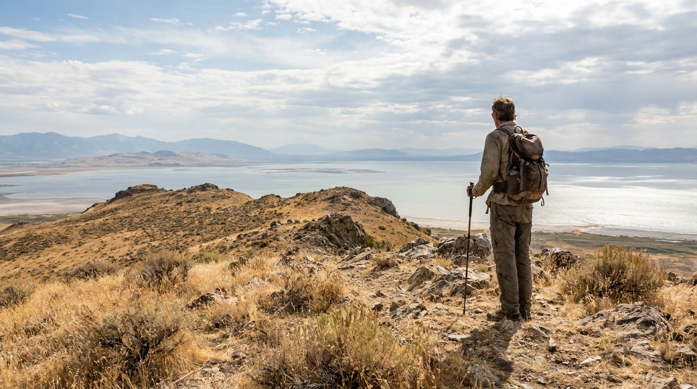 A hiker on the exposed ridgeline of Frary Peak with sweeping panoramic views over the Great Salt Lake far below, dry summer grasses, big sky