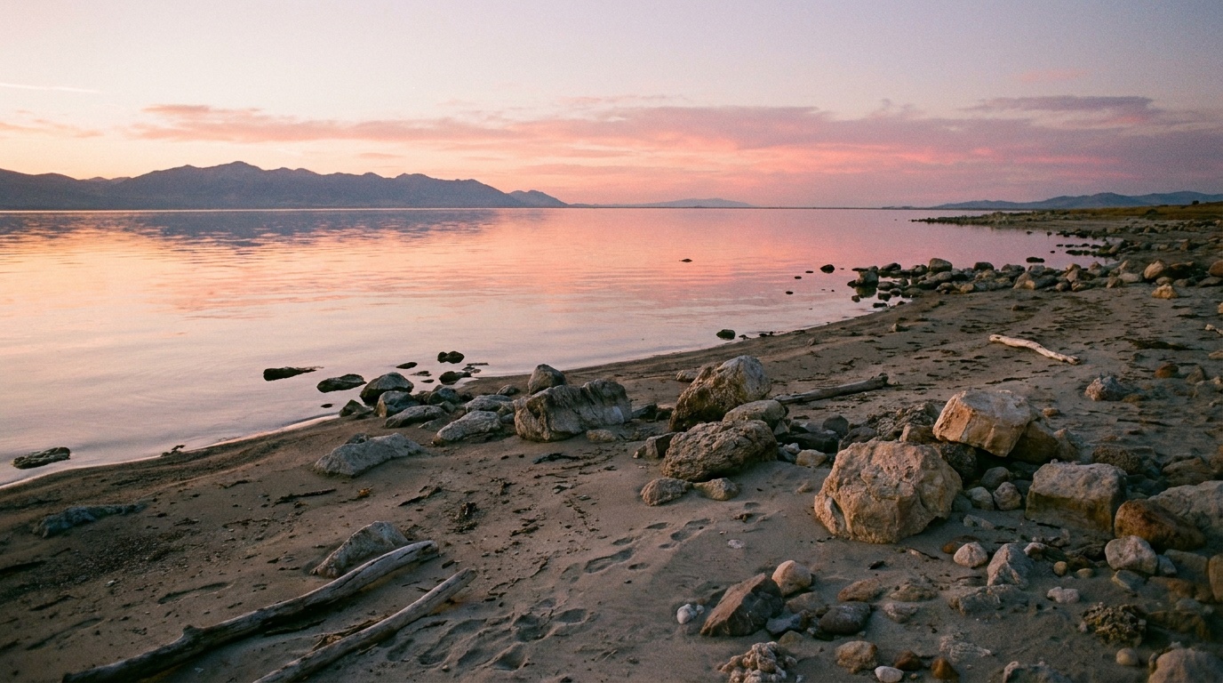 The sandy shoreline of Bridger Bay at sunset, calm salty lake water reflecting pink and orange sky, scattered rocks in the foreground