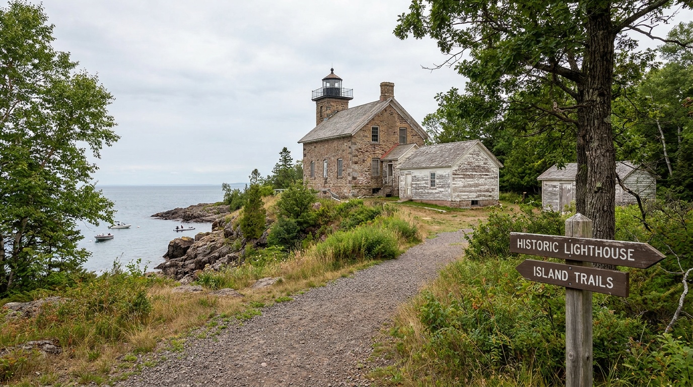 A historic Apostle Islands lighthouse, such as Devils Island or Raspberry Island