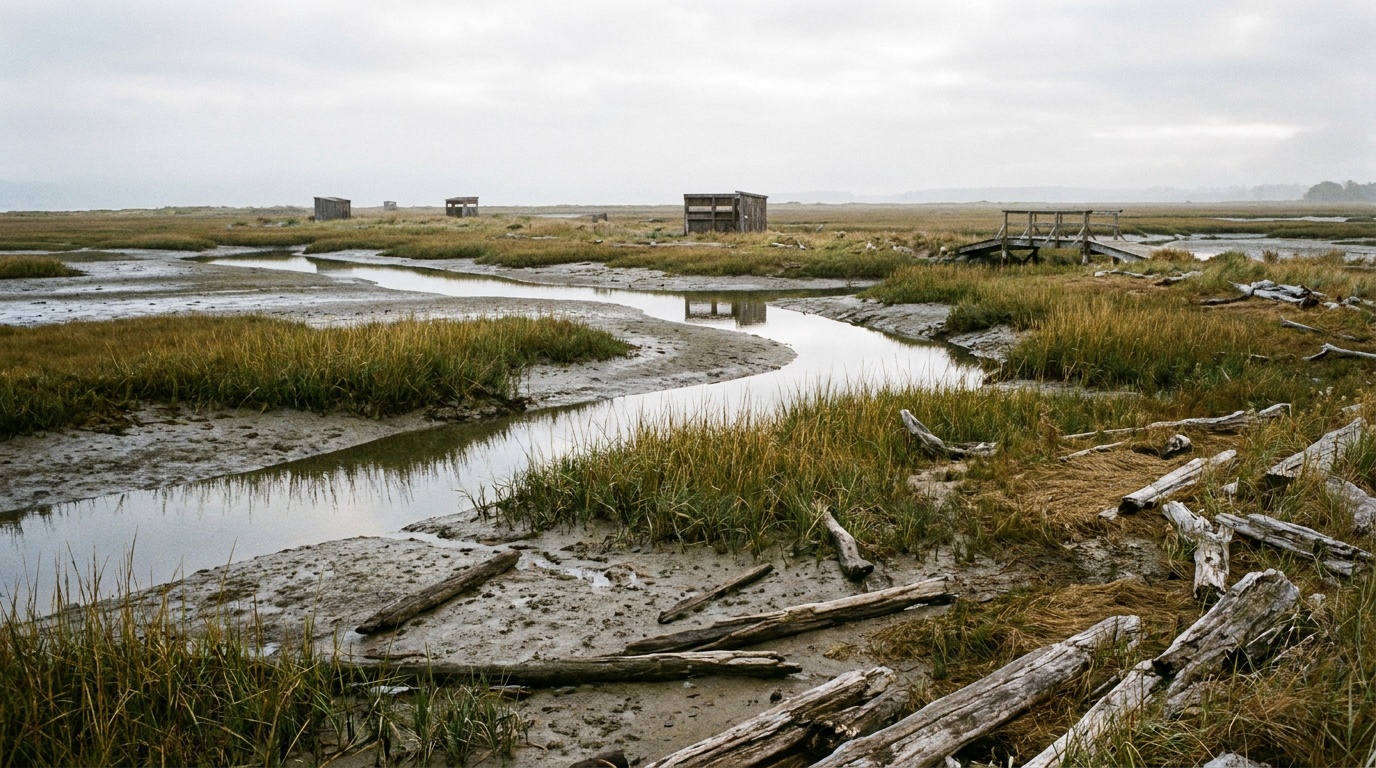 Bayside salt marsh and tidal flats on the island's calmer side