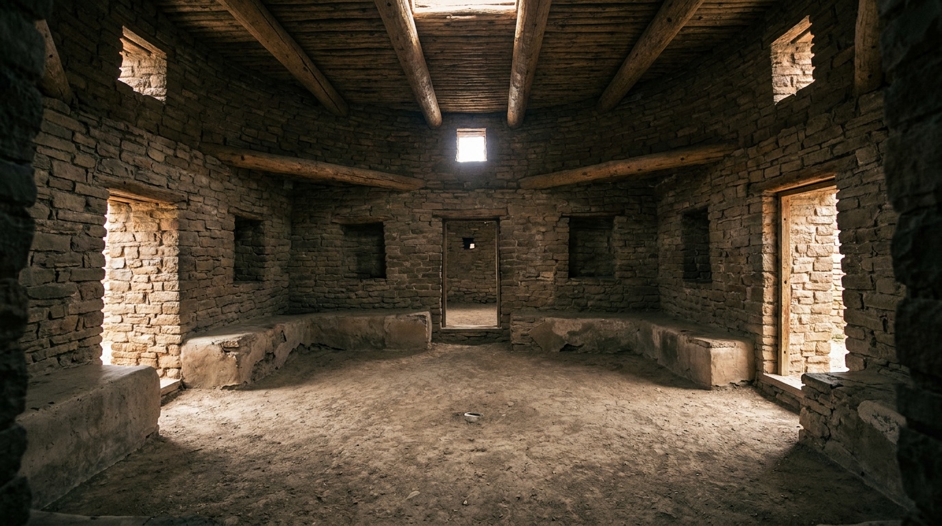 Original roofed interior rooms at Aztec Ruins with intact wooden ceiling beams, low light, sense of stepping into the past