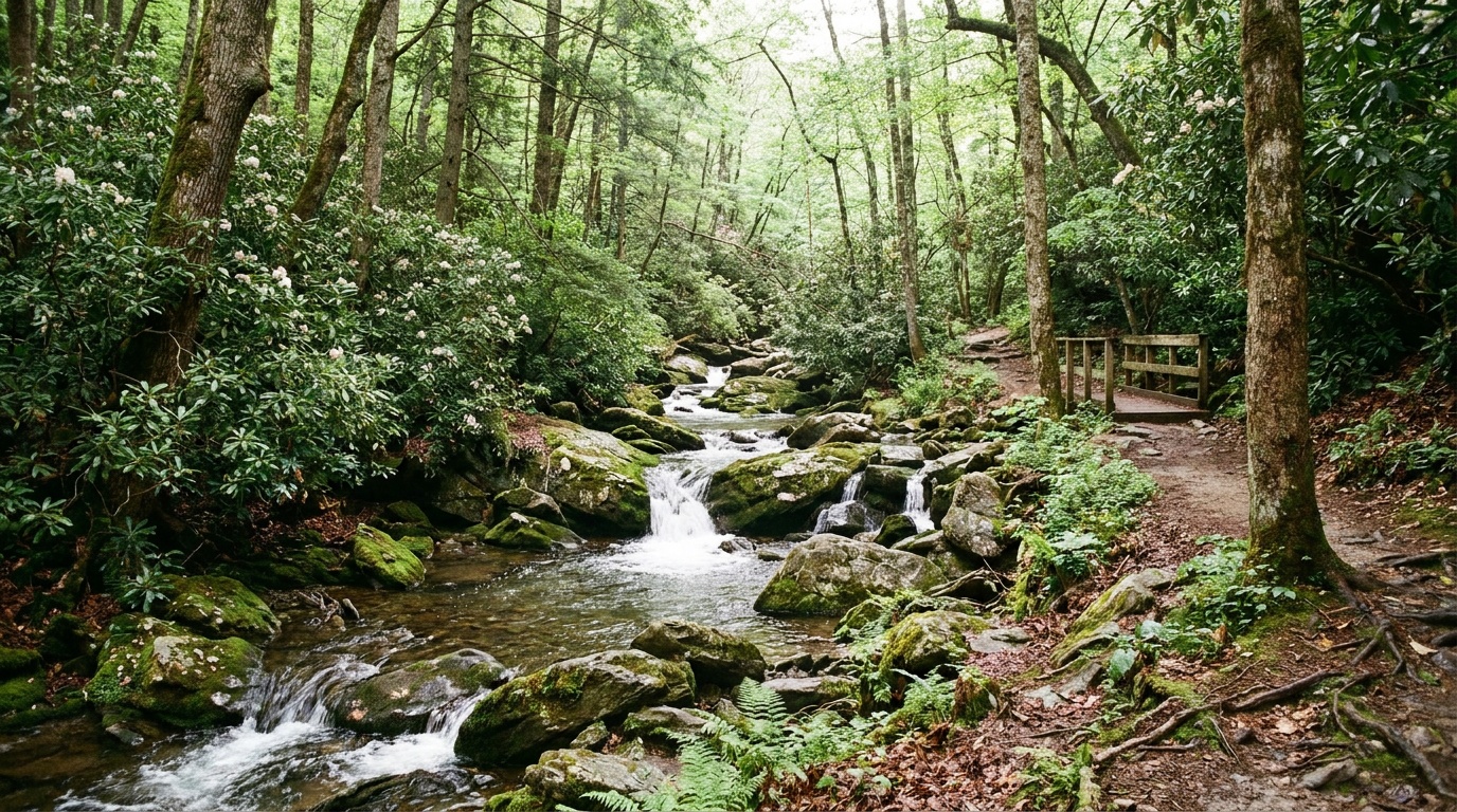 Glade Creek flowing over smooth boulders and small cascades through a lush rhododendron-lined forest, dappled light, a peaceful mountain stream