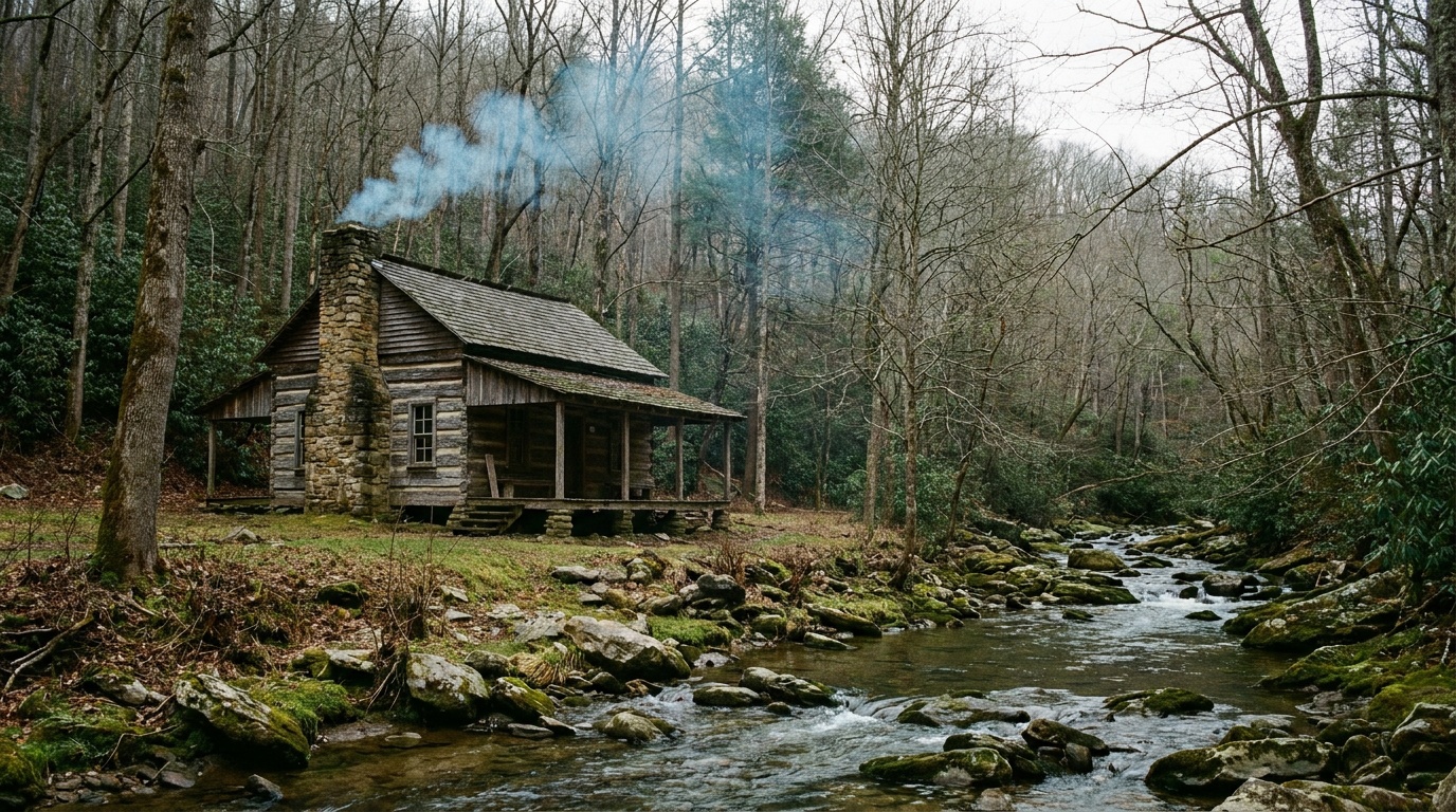 A rustic log cabin with a porch tucked among green forest beside Glade Creek, woodsmoke feel, quiet southern West Virginia mountain setting