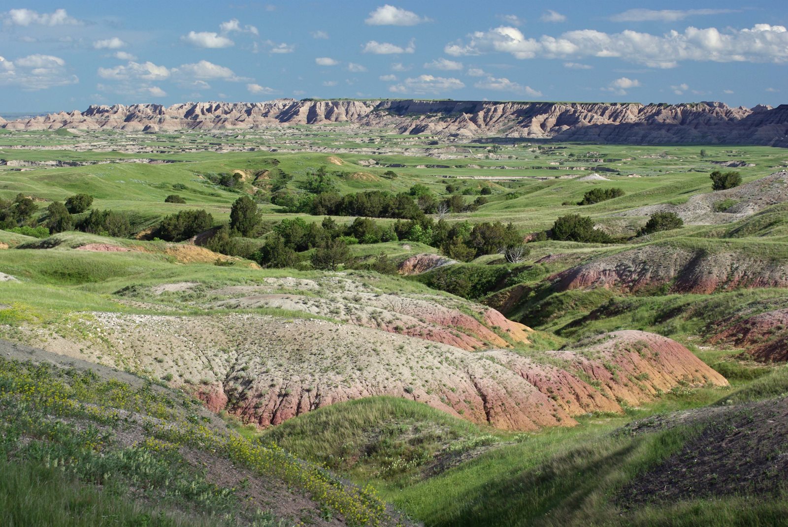 Yellow mounds tucked into striped Badlands formations