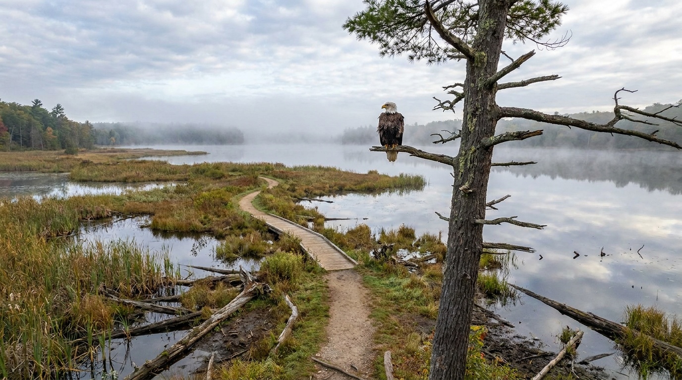 A bald eagle perched in a tall tree above the wetlands and lakeside Butterfly Trail at Bald Eagle State Park, reeds and still water below, soft natural light