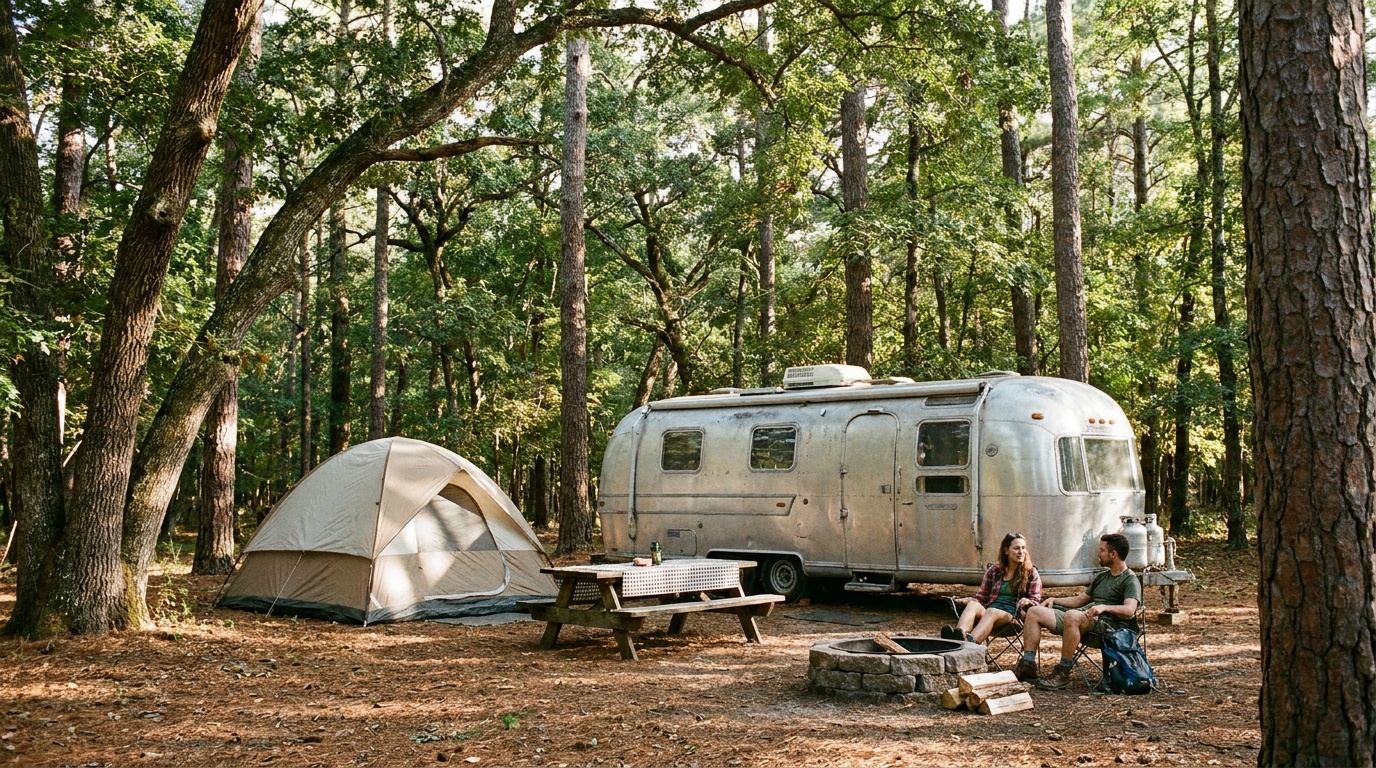 A wooded campsite with an RV and tent among tall trees at the Bald Eagle State Park campground, picnic table and fire ring, dappled afternoon sunlight