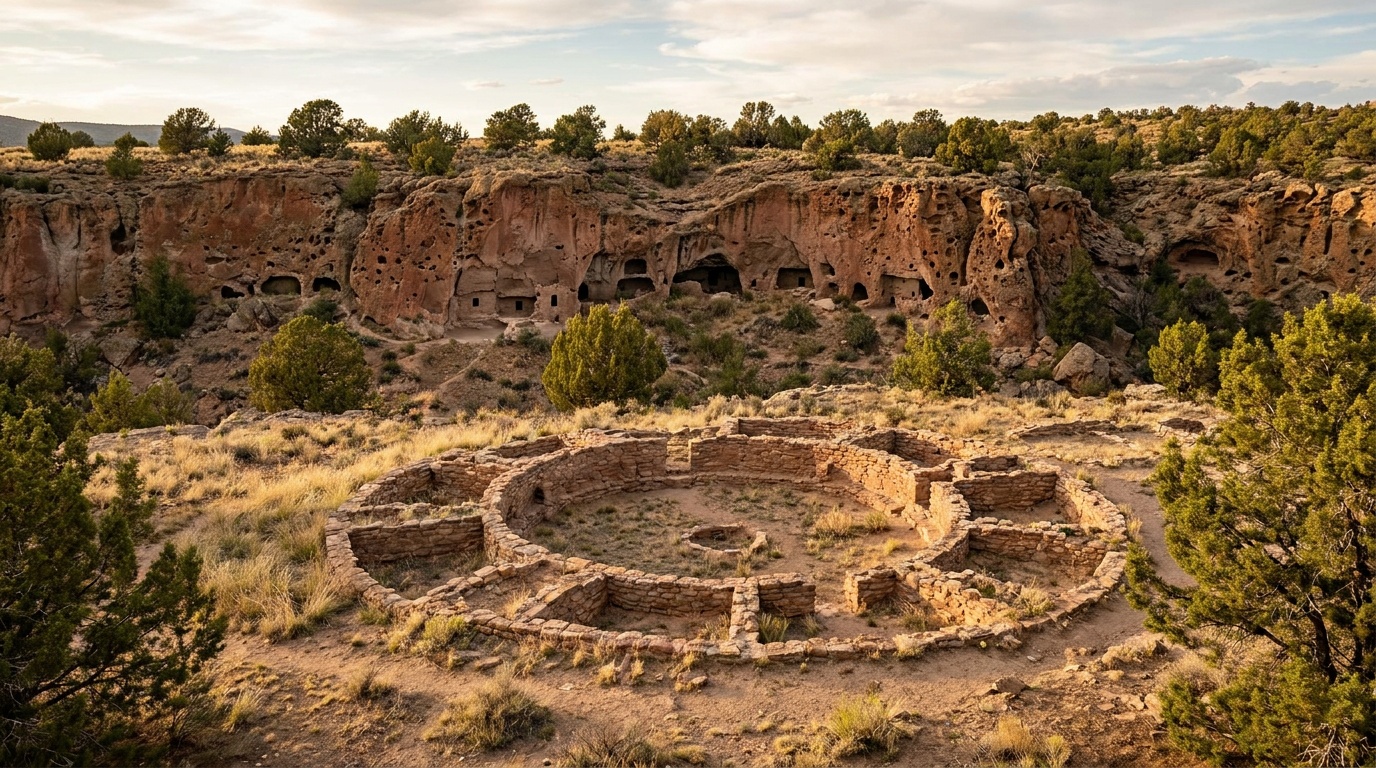Cliff cavates and the Tyuonyi pueblo ruins in Frijoles Canyon at Bandelier