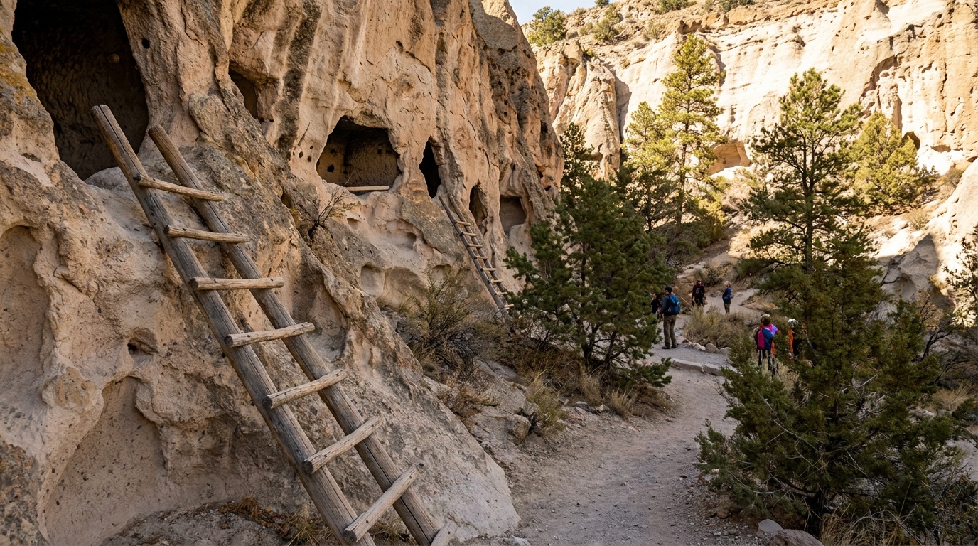 Wooden ladders leading up to cliff cavates in the soft volcanic tuff