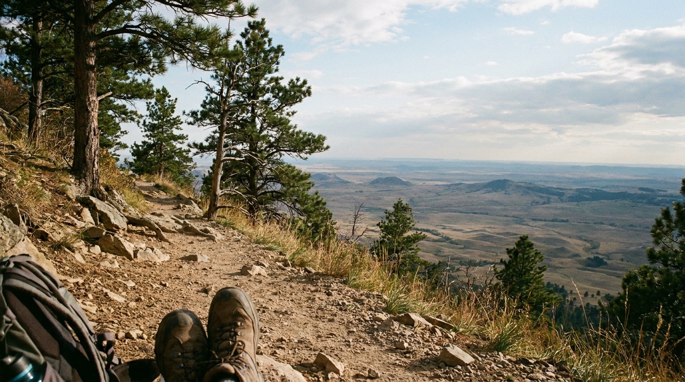 View from the Summit Trail near the top of Bear Butte looking out over a vast four-state landscape of plains and distant hills, exposed rocky trail, clear sky, South Dakota