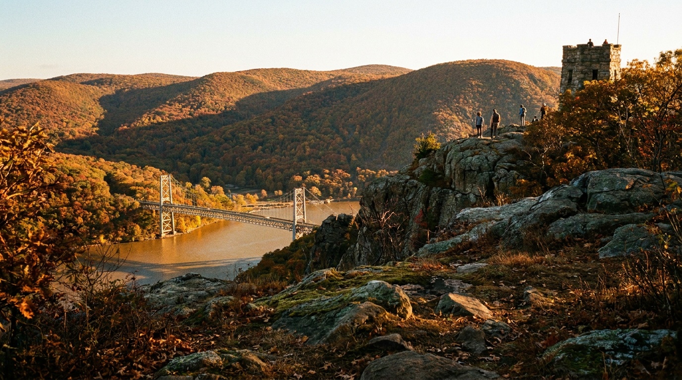 View from the summit of Bear Mountain State Park looking out over the Hudson River and the Bear Mountain Bridge in golden autumn light, sweeping forested ridgelines in fall color, the river curving below, photorealistic landscape