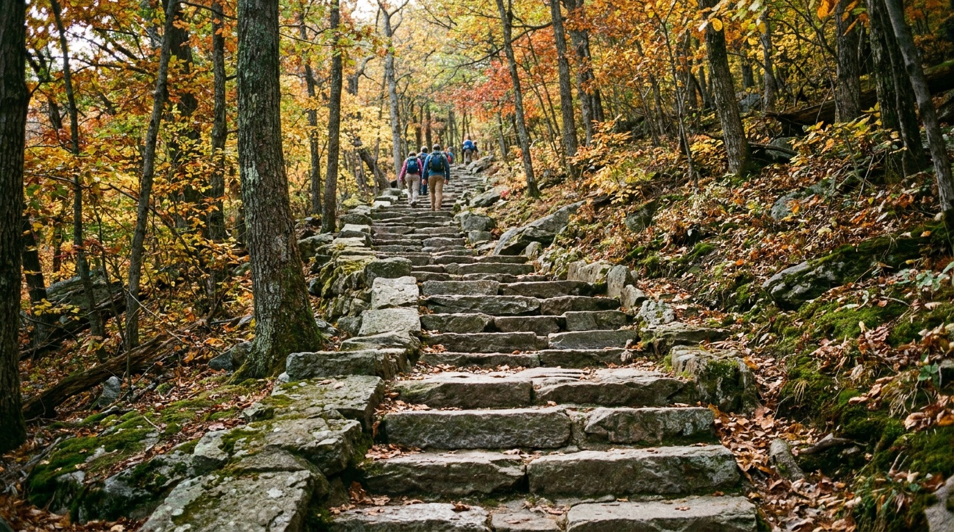 The famous granite stone staircase of the Appalachian Trail climbing Bear Mountain, carefully fitted rock steps ascending through autumn forest, dramatic perspective up the slope, photorealistic trail photography
