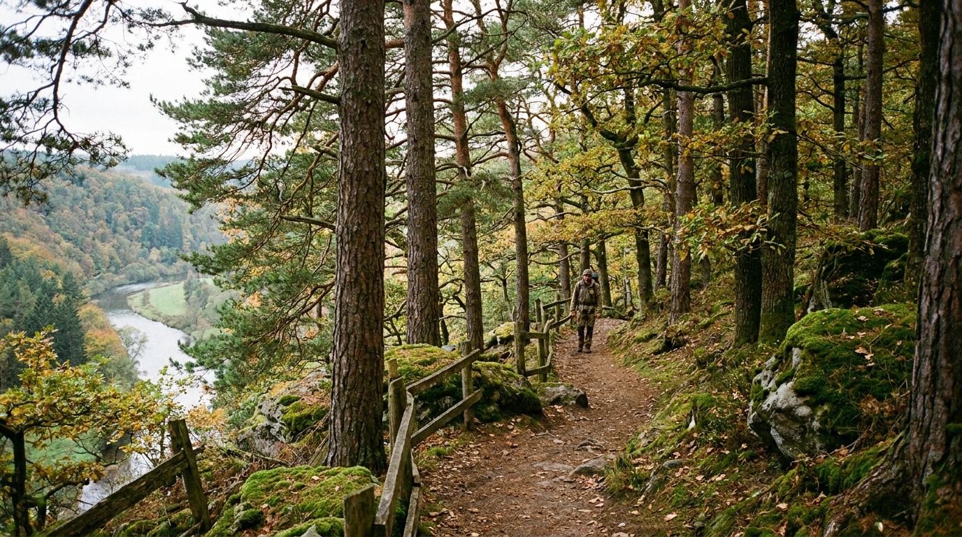 Pine and hardwood forest trail above the river