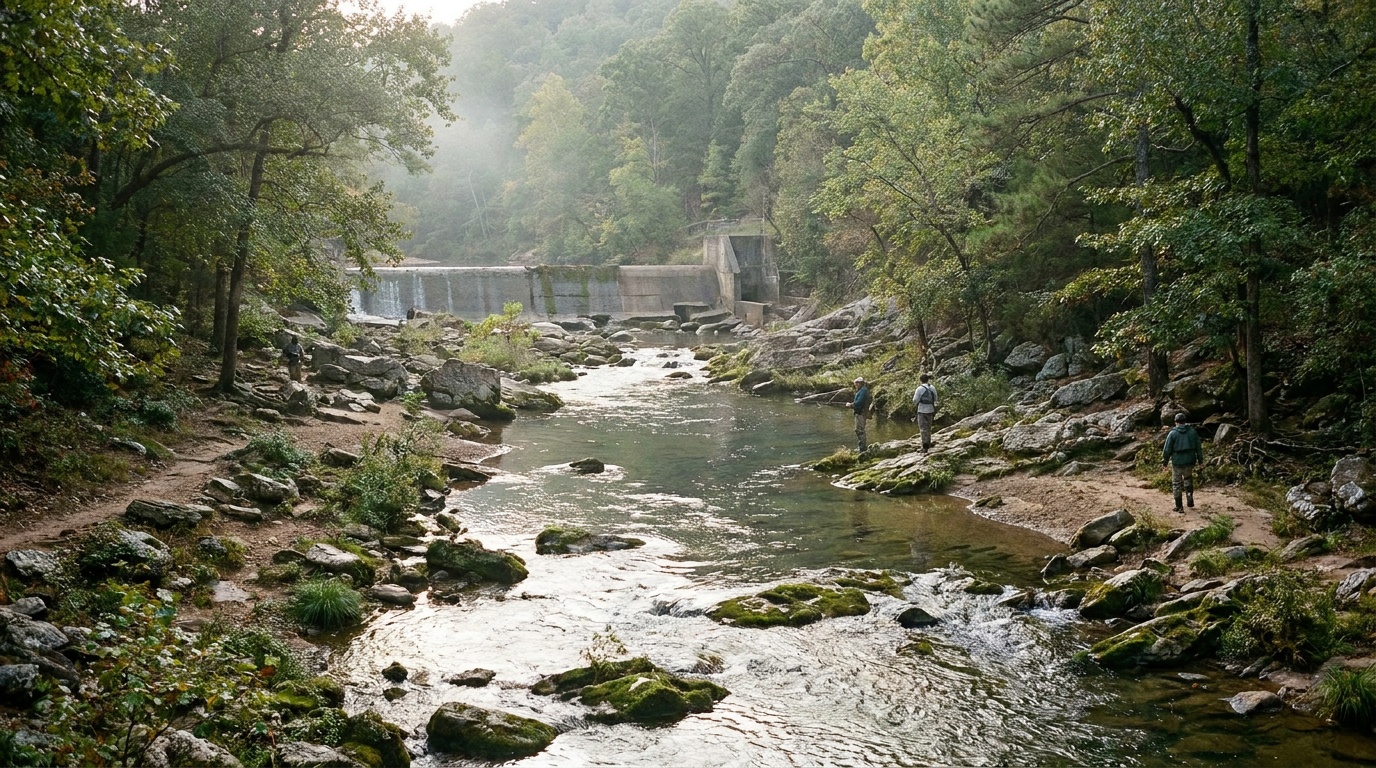 The Mountain Fork River flowing through the Ouachita foothills below the dam