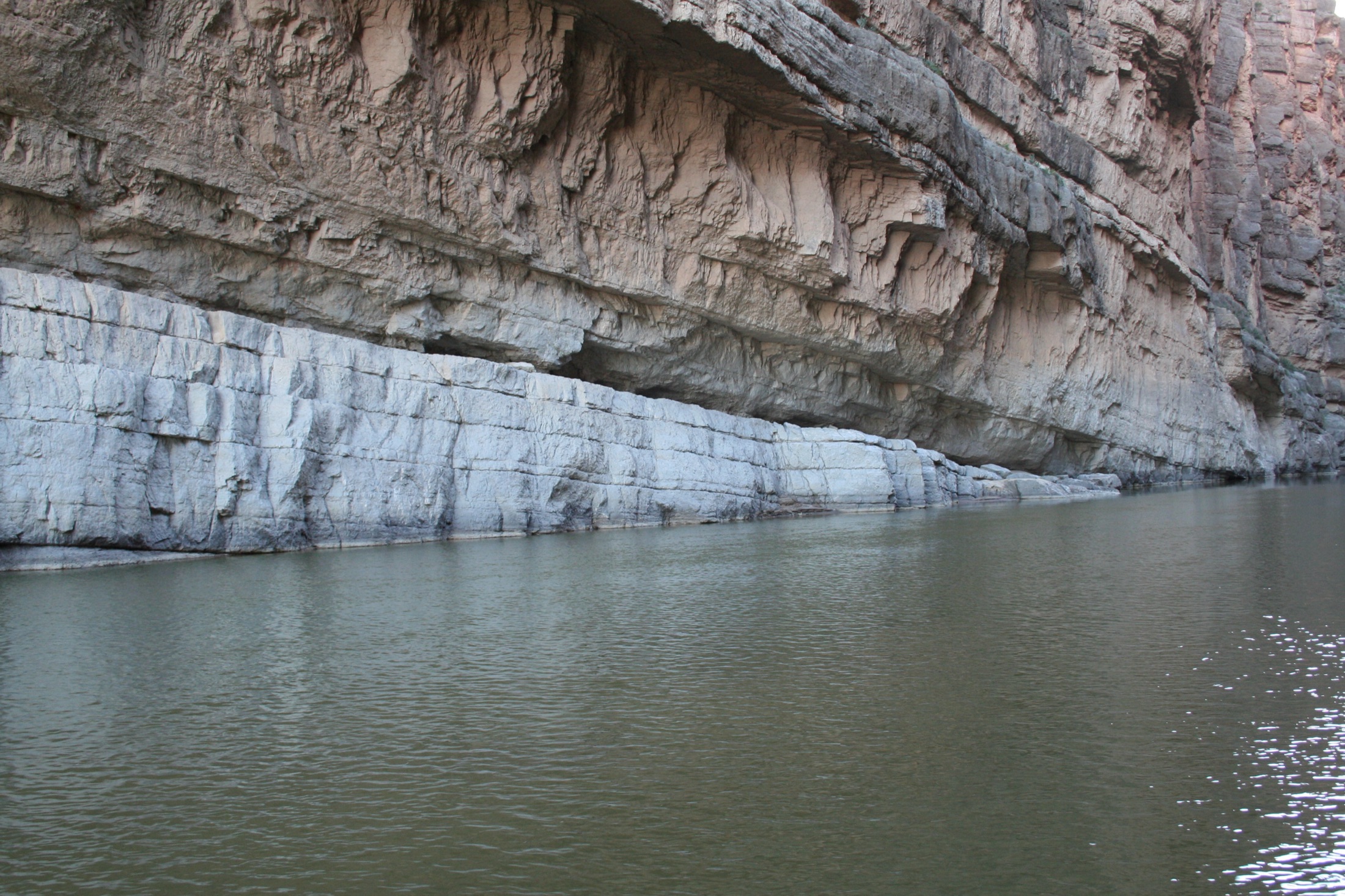 Tilted rock layers in the towering limestone walls of Santa Elena Canyon, carved by the Rio Grande, in Big Bend National Park, Texas.