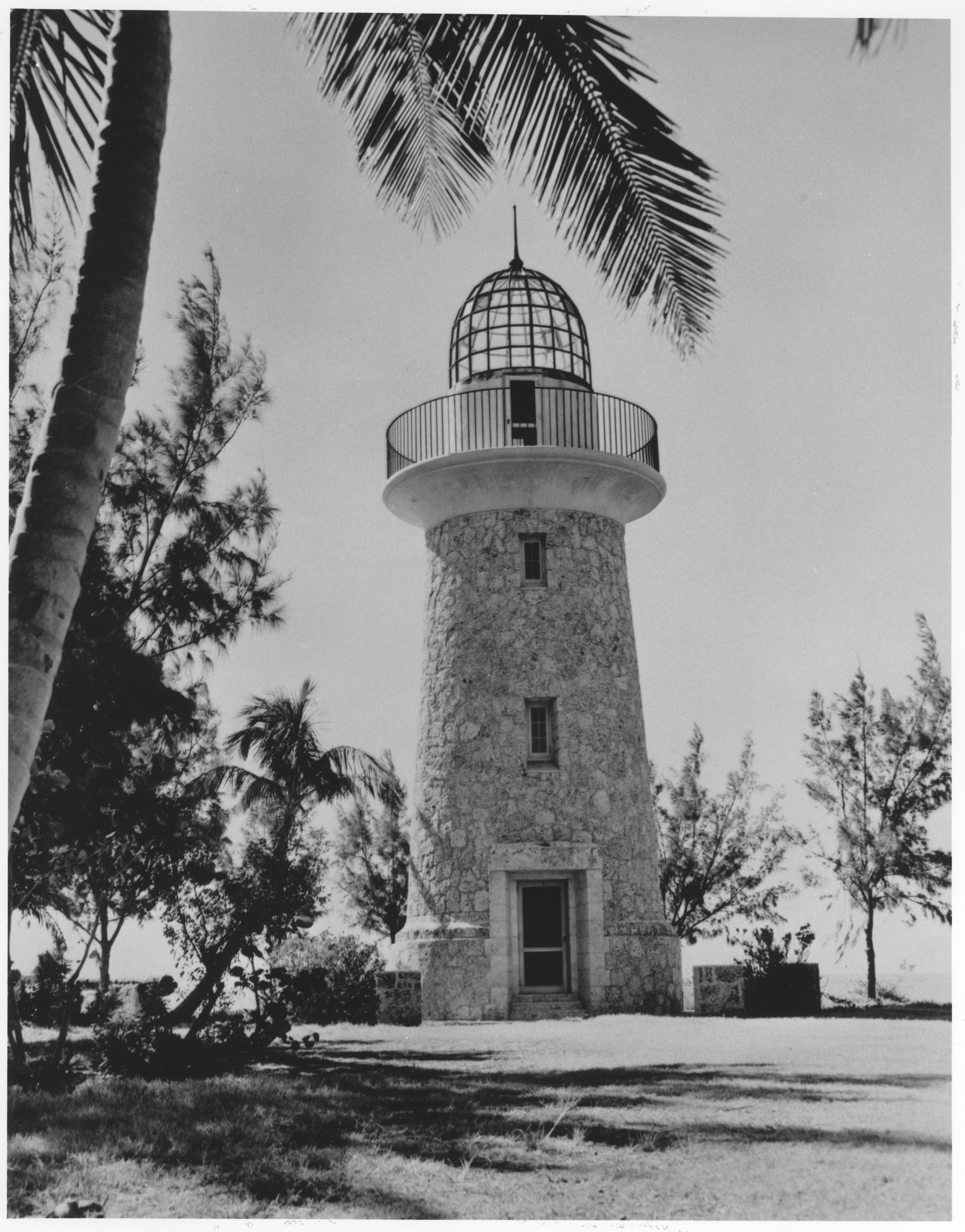 Boca Chita lighthouse and palm trees beside the bay