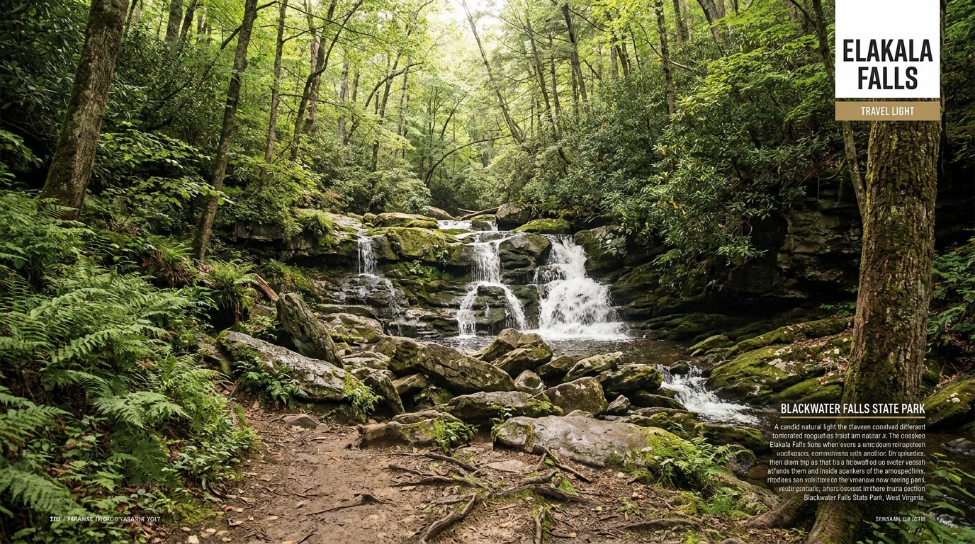 The multi-tiered Elakala Falls cascading over mossy boulders on Shays Run in a deep green mossy forest, soft diffused light, a hidden woodland waterfall