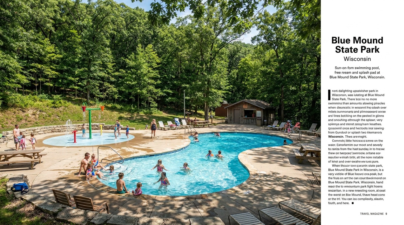The blue swimming pool and splash pad at Blue Mound State Park surrounded by trees on a sunny summer day, families enjoying the water, the only pool in a Wisconsin state park