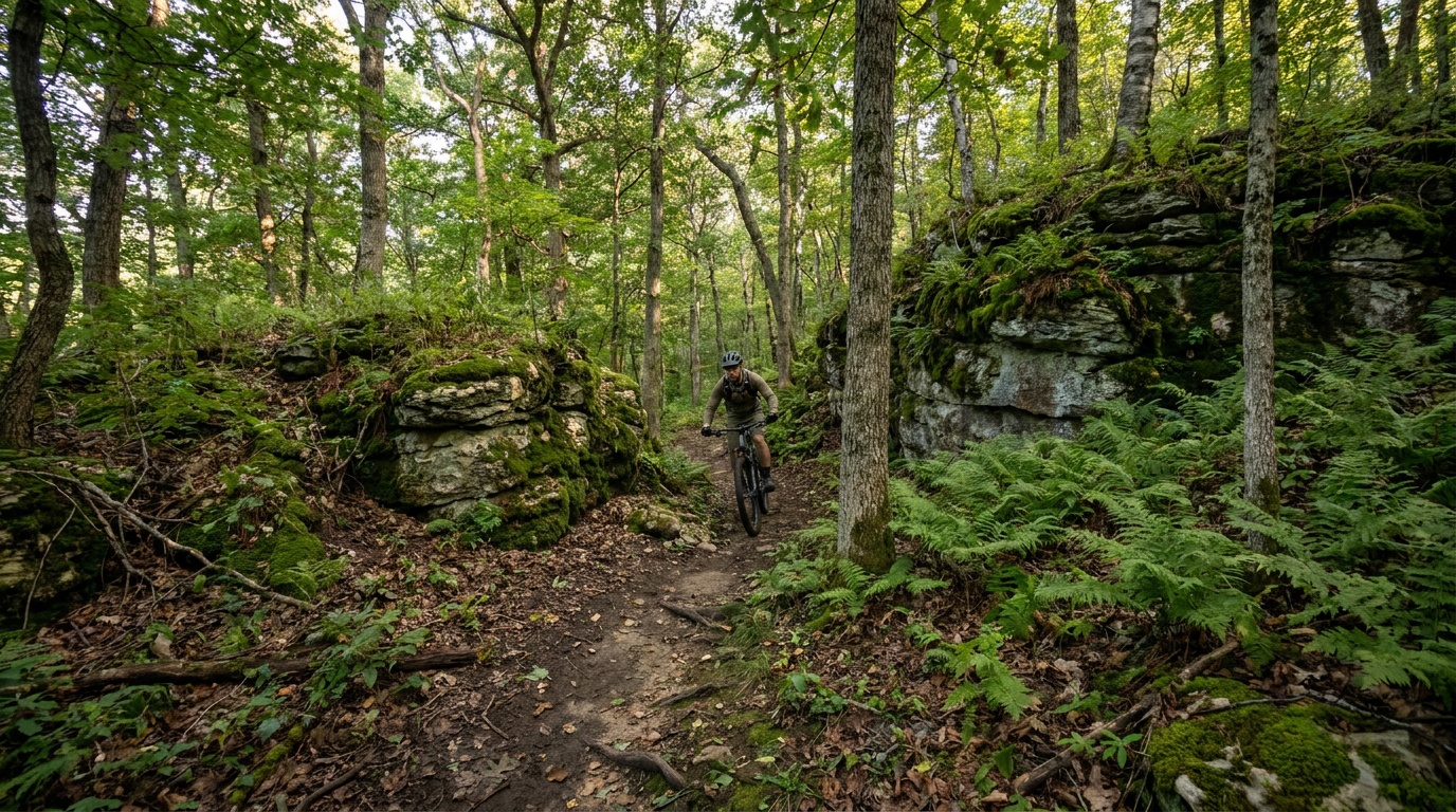 A winding singletrack trail through a dense Driftless hardwood forest at Blue Mound State Park, mountain biker riding through, fern undergrowth and rocky outcrops