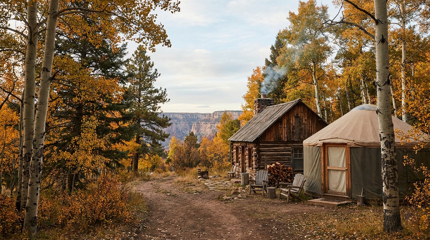 A cozy wooden cabin and a yurt nestled among tall trees near the canyon rim in autumn, golden light through the forest, a quiet mountain park lodging scene