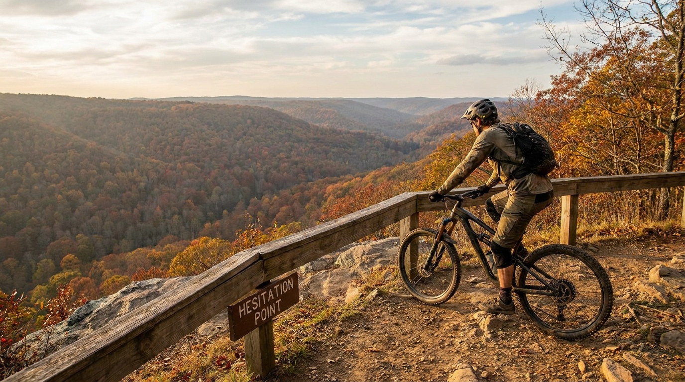 The Hesitation Point overlook with a wide vista over forested valleys, a mountain biker pausing at the rim in fall light.