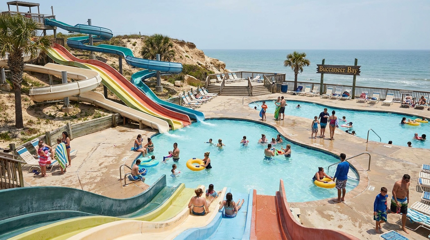 The colorful slides and pools of the Buccaneer Bay water park overlooking the Gulf of Mexico on a bright summer day, families in the water
