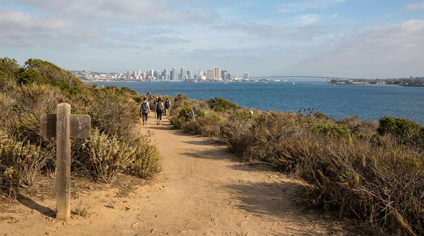 The Bayside Trail winding through coastal sage scrub at Cabrillo, San Diego Bay and downtown visible across the water