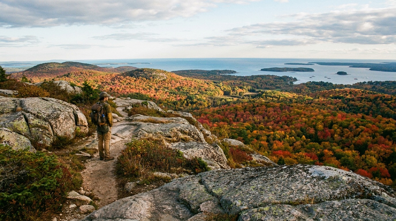 Open rocky ledges of Mount Megunticook with sweeping views across forested hills to Penobscot Bay, brilliant red and orange fall color, a lone hiker on the trail