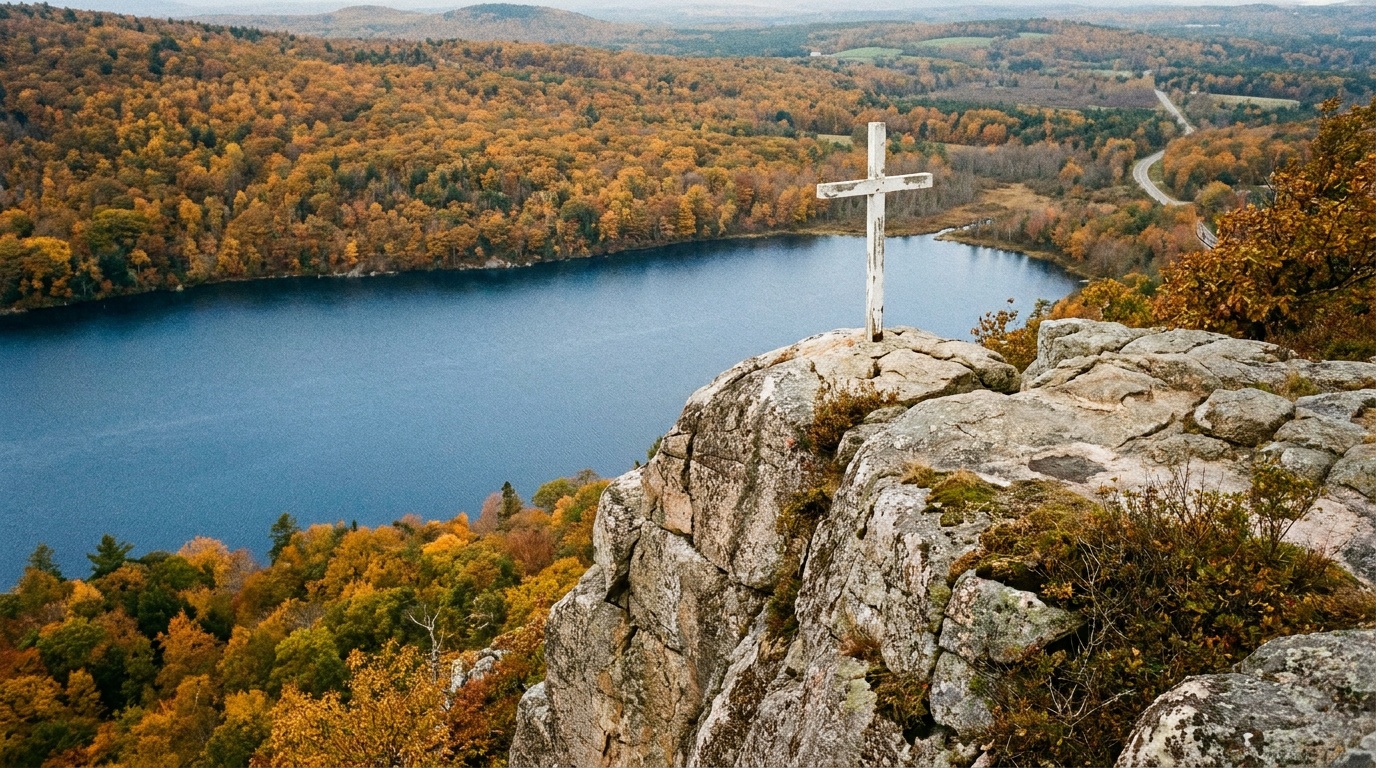 Maiden Cliff with its white cross perched high above the deep blue Megunticook Lake, dense autumn forest below, dramatic clifftop vantage, Camden Maine
