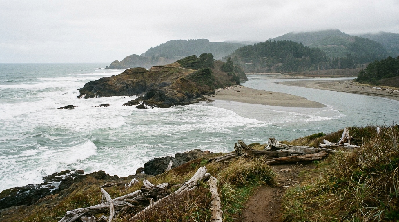 Surf and headlands where the Columbia River meets the Pacific Ocean