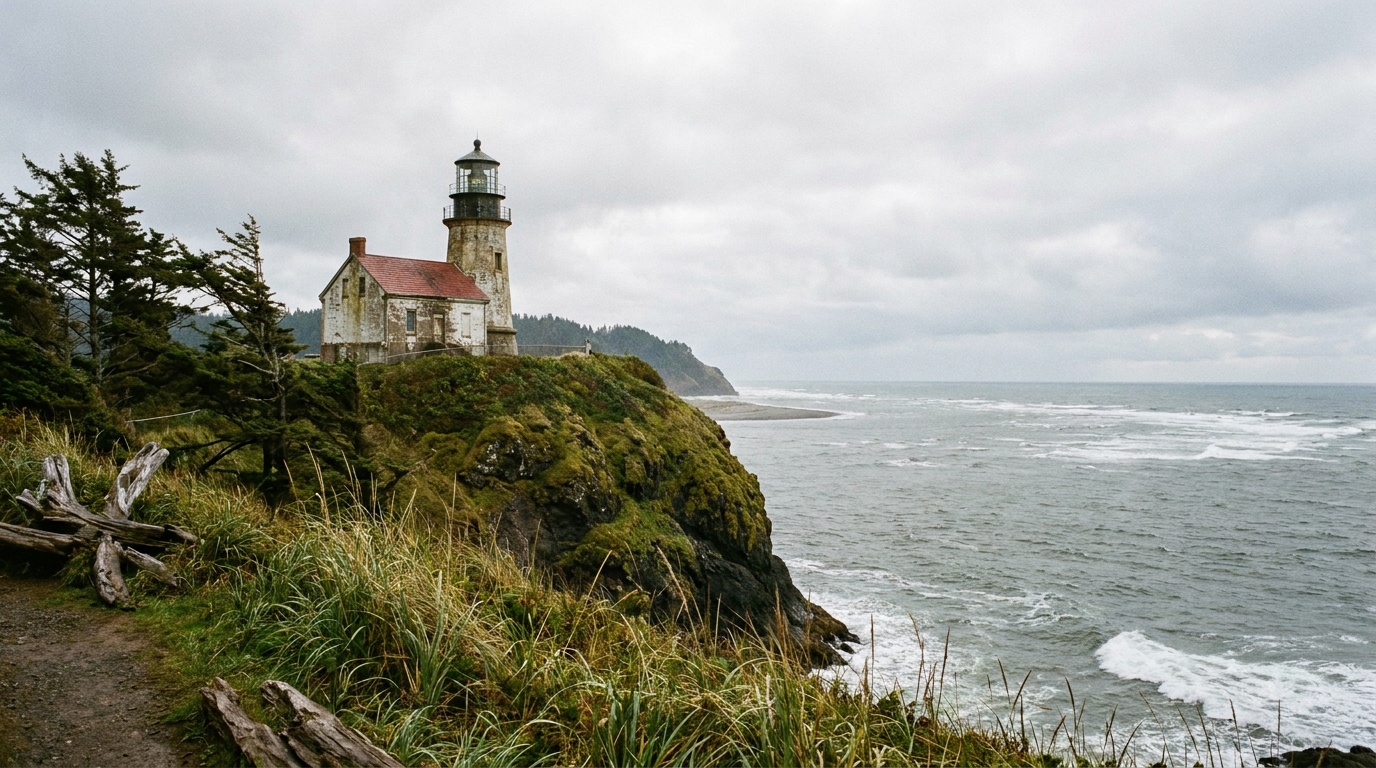 The 1856 Cape Disappointment Lighthouse above the mouth of the Columbia River
