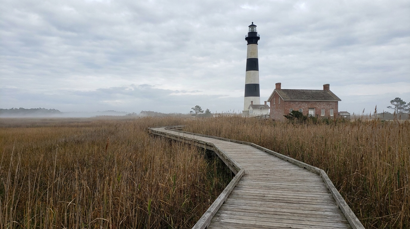 Bodie Island Lighthouse with its horizontal black bands above the marsh boardwalk