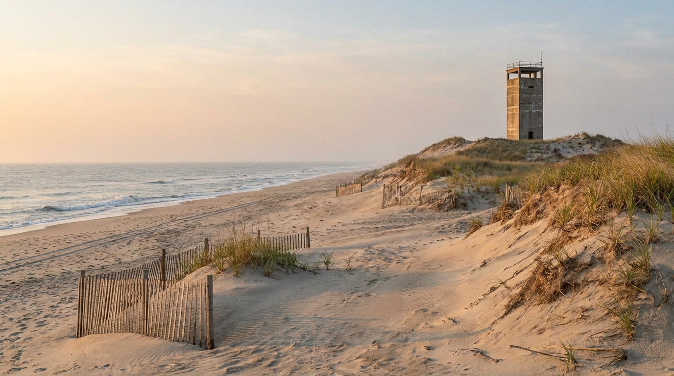 Wide pristine Atlantic beach and rolling dunes at Cape Henlopen State Park in Delaware at sunrise, a tall concrete WWII observation tower standing among the dunes in the distance, soft golden light, photorealistic coastal landscape