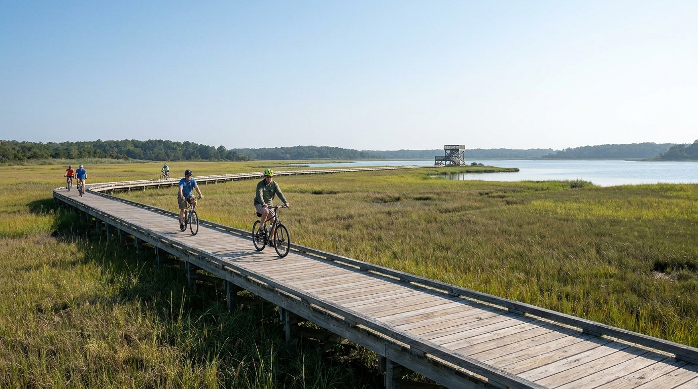 The paved Gordons Pond Trail at Cape Henlopen State Park on an elevated boardwalk crossing a wide salt marsh, cyclists riding, the pond and an observation platform ahead, bright clear sky, photorealistic