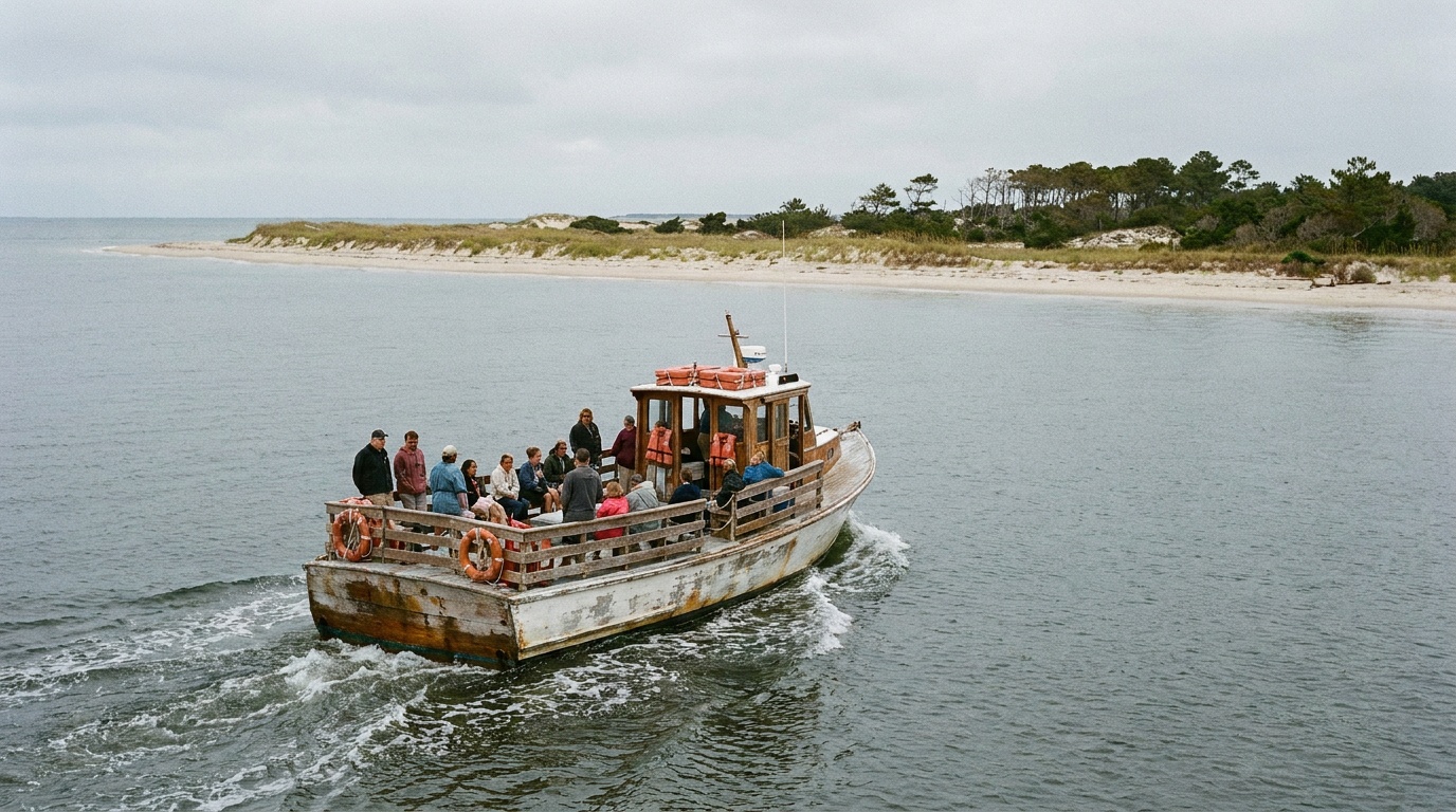 A small passenger ferry crossing calm sound water toward the undeveloped barrier island, wake trailing behind