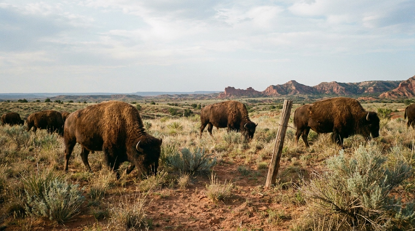 Free-roaming bison of the Texas State Bison Herd grazing in the park