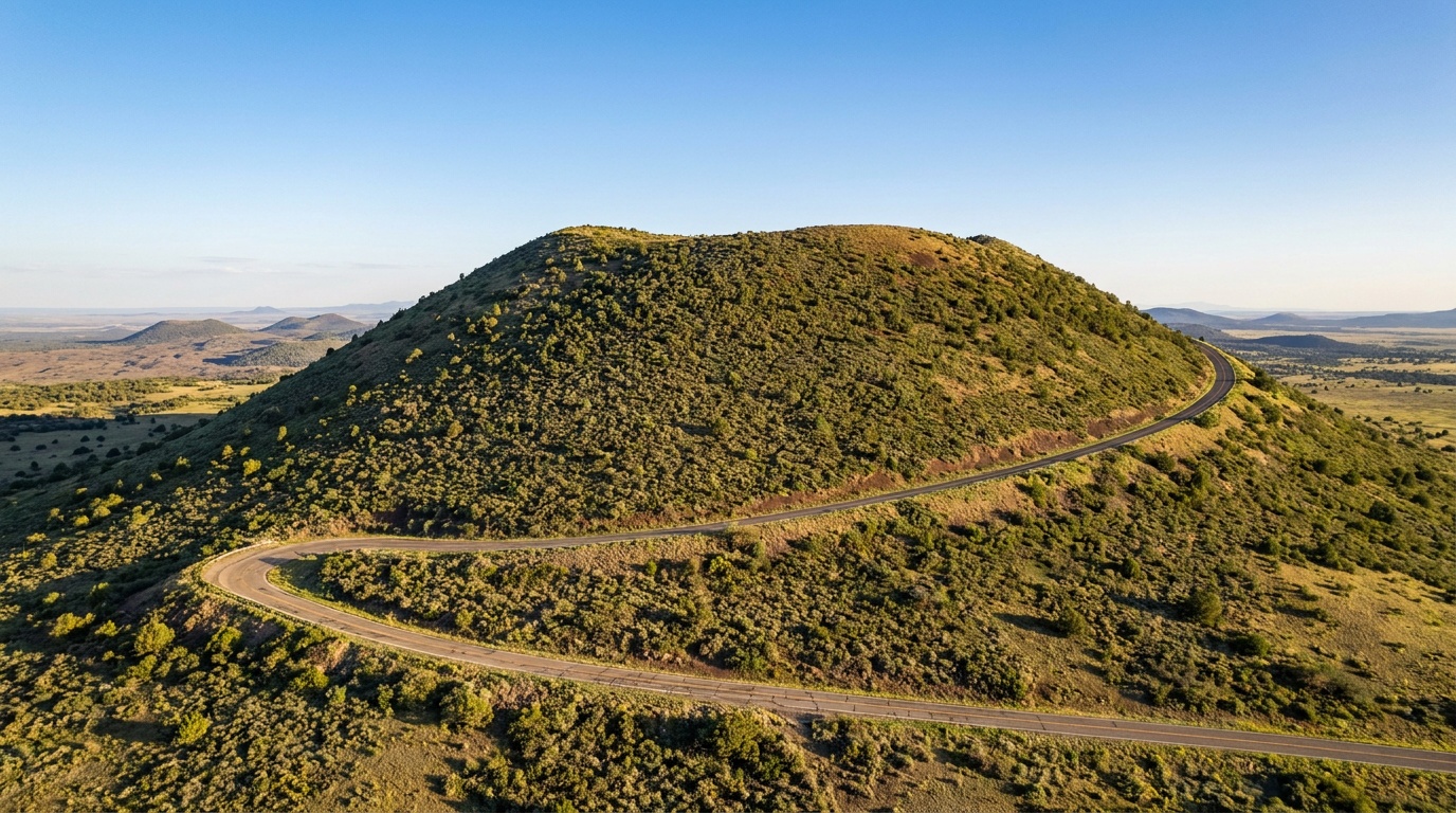 Capulin Volcano, a symmetrical green and tan cinder cone rising from the high plains, the paved Volcano Road spiraling up its flank, clear blue New Mexico sky, distant volcanic field