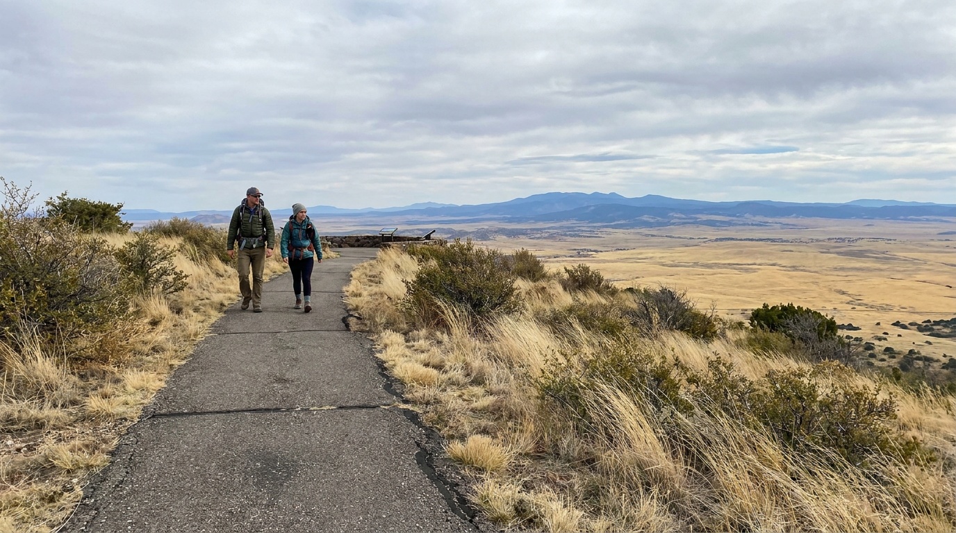 The Crater Rim Trail at the top of Capulin, two hikers on a paved path along the rim, panoramic four-state view of plains and distant mountains, windswept grasses