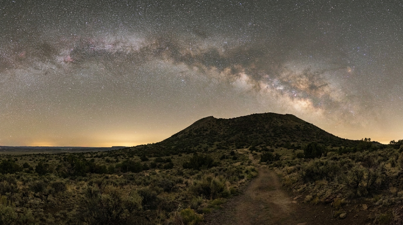 Night sky over Capulin Volcano, the Milky Way arching above the dark cinder cone silhouette, certified dark sky park, faint glow on the horizon