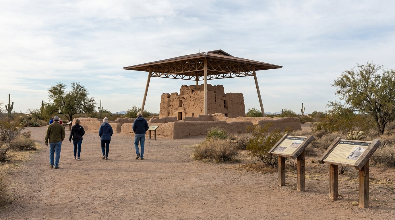 Visitors on the flat self-guided trail walking around the walled Casa Grande compound beneath the protective canopy, interpretive signs, mild winter desert morning