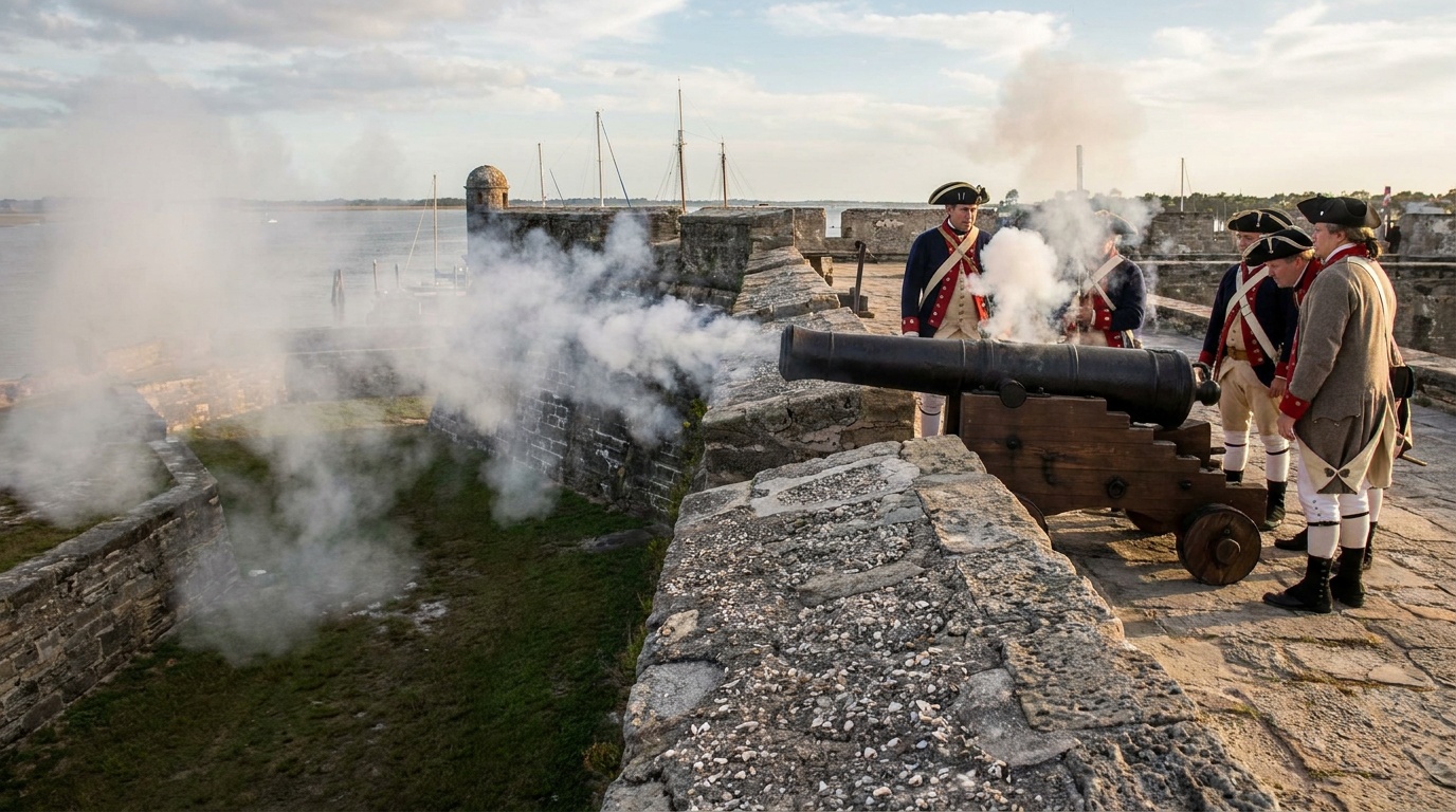 A costumed crew firing a historic cannon from the ramparts of Castillo de San Marcos, smoke drifting over the coquina walls