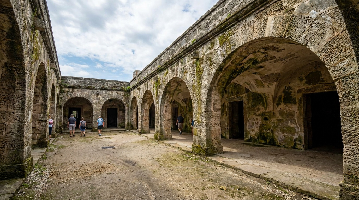 The vaulted interior rooms and central courtyard of Castillo de San Marcos, weathered shellstone arches and Spanish colonial detail