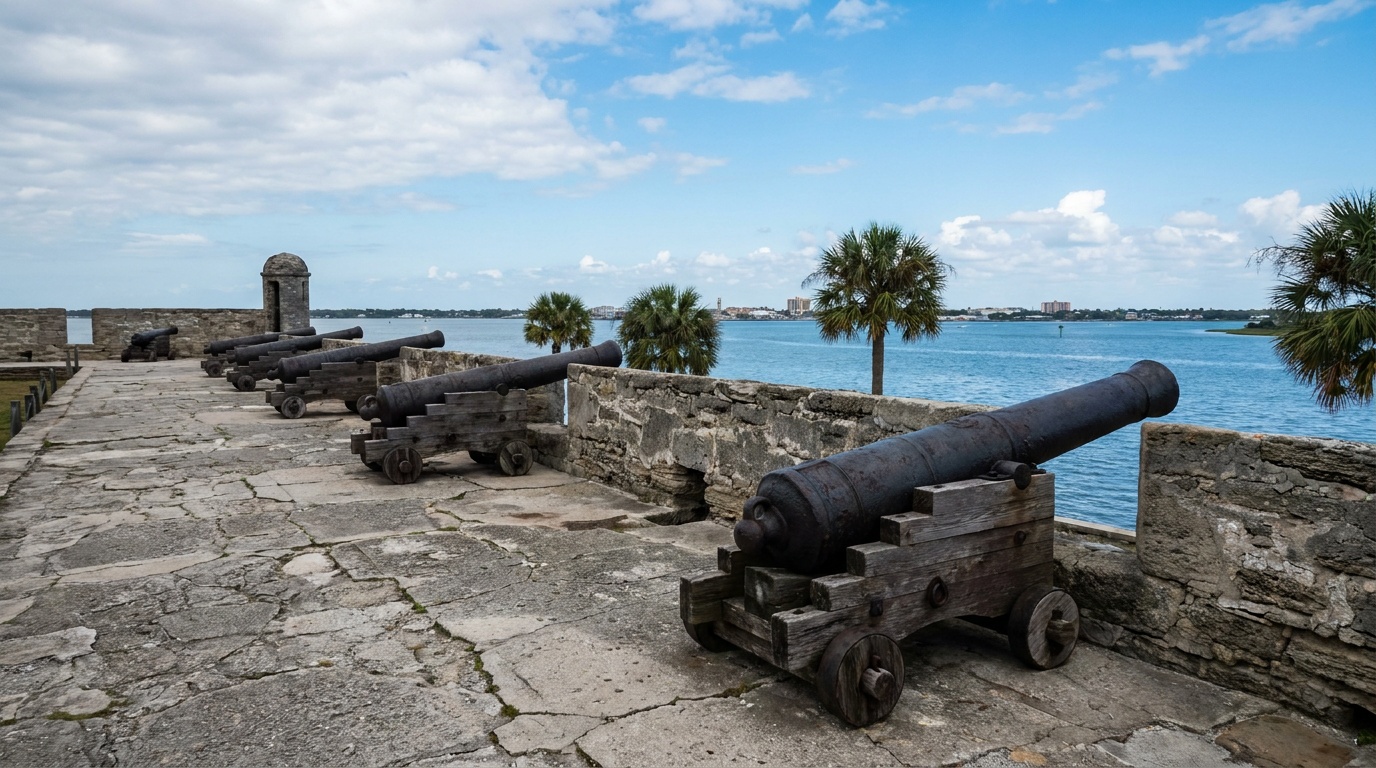 The upper gun deck of Castillo de San Marcos lined with historic cannons aimed over the bay, blue Florida sky overhead