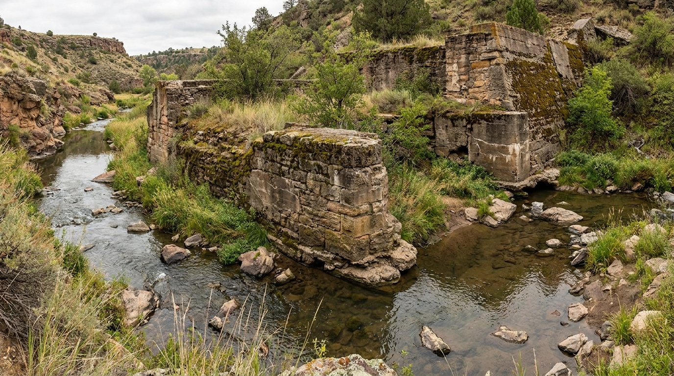 The crumbling stone ruins of the Castlewood Dam that burst in 1933, moss and grass reclaiming the masonry beside the flowing creek in the canyon.