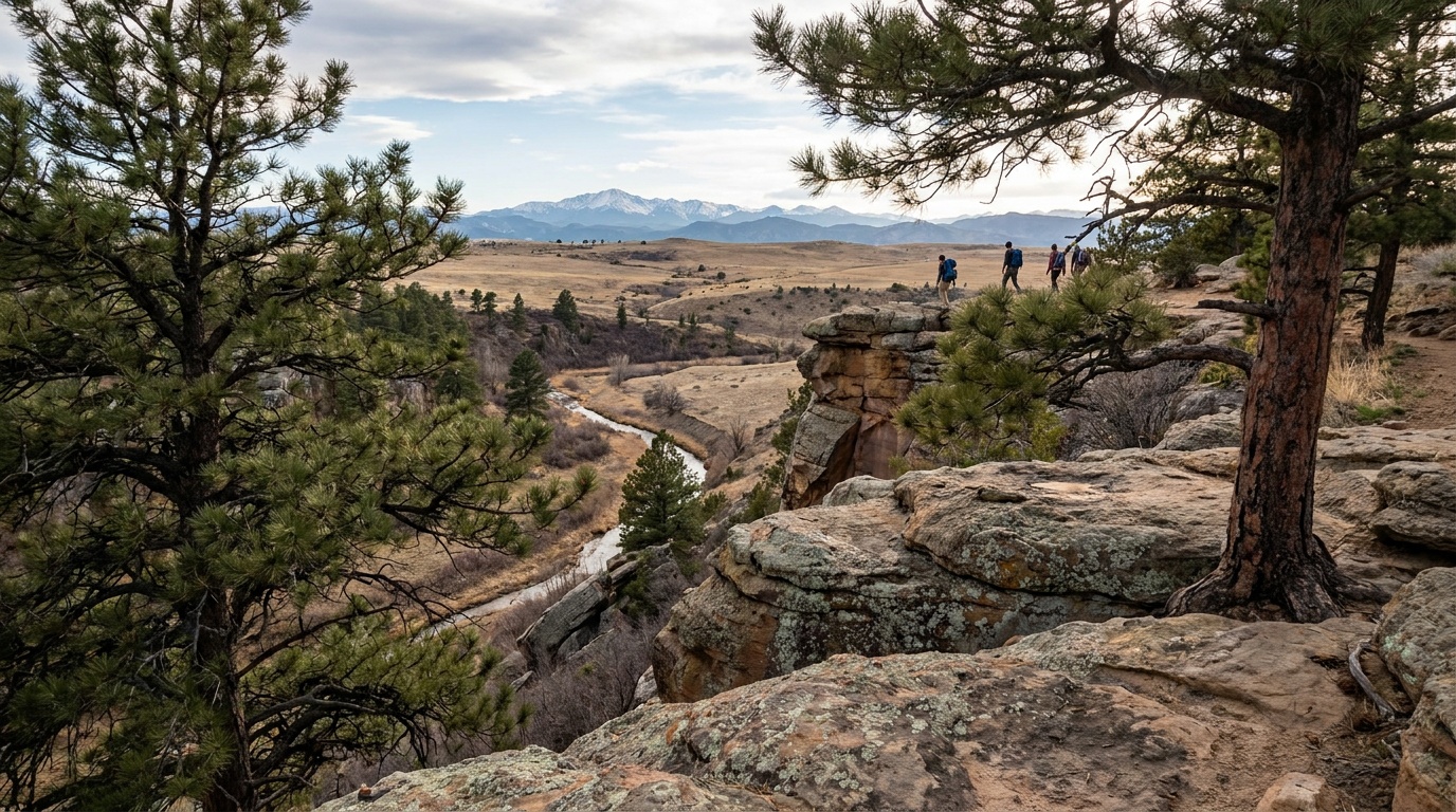 A canyon-rim viewpoint at Castlewood Canyon looking out over the high plains toward the Rockies, weathered rock ledges and pines in the foreground.