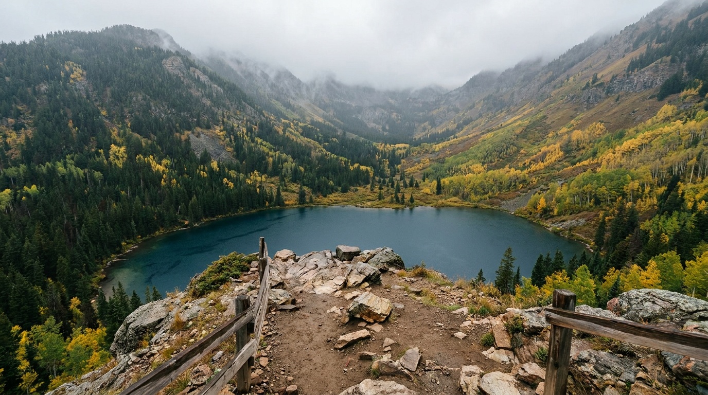 High overlook above Cave Lake with pine and aspen slopes