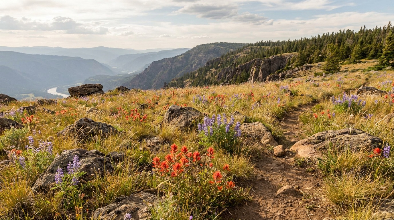 Summer wildflower meadows of paintbrush and lupine along the rim