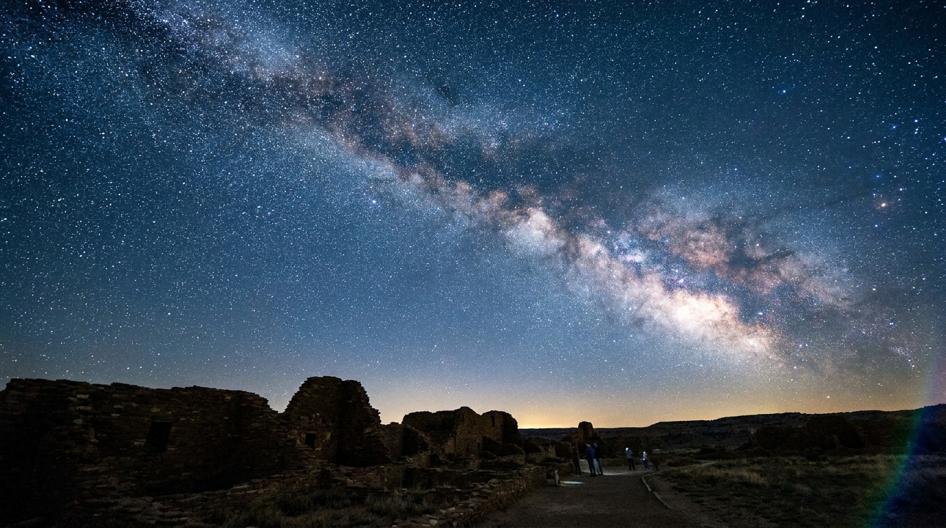 The Milky Way arching brilliantly over the silhouetted stone walls of a Chaco great house under an International Dark Sky night